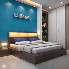 bedroom interior with blue wall and minimalism property, generative ai