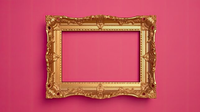 Vintage gold picture frame on a bright pink color background created with generative AI technology