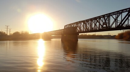 Fototapeta premium Tranquil Early Morning View of Steampunk Rail Bridge Reflected in Water, Created Using Generative AI