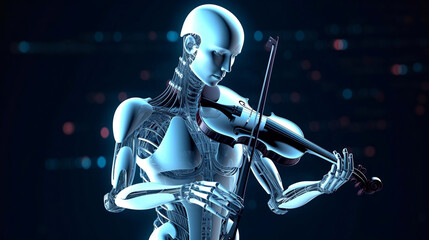 Naklejka premium creating music using artificial intelligence. a robot playing a violin a musical instrument. modern technologies