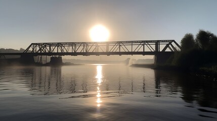 Fototapeta na wymiar Industrial Meets Natural: Early Morning Sun Over Steampunk Rail Bridge on Water, Created Using Generative AI