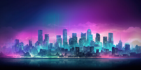 Modern City Skyline in Blue and Purple Hues