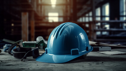 A blue construction working hardhat is placed on the workbench with a construction site background - obrazy, fototapety, plakaty