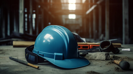 A blue construction working hardhat is placed on the workbench with a construction site background