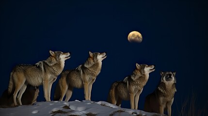 Gray Wolf Pack Howling at the Moon