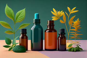 The essential oil is in brown glass bottles with green leaves. AI Generative