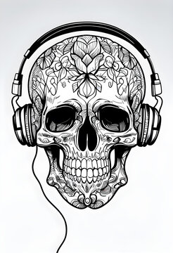 Skull with headphones and floral pattern. Tattoo art. colouring pages. AI Generative