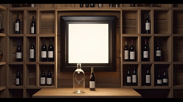 Wine cellar with a blank picture frame on a wooden wall with bottles created with generative AI technology