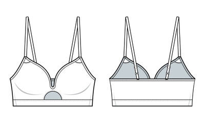 Cut out Bra top fashion technical drawing template. with adjustable straps. Bra top technical fashion Illustration, front and back view design, isolated in white, women's, CAD mockup set.