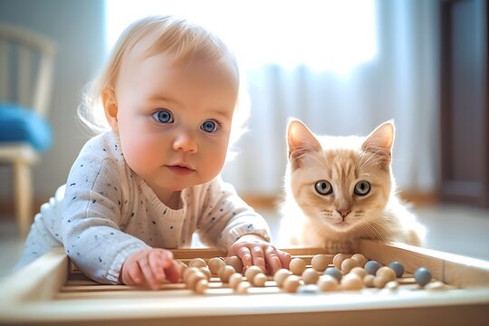 Cute  toddler playing with a cat