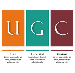 UGC - User Generated Content Acronym. Infographic template with Icons and description placeholder