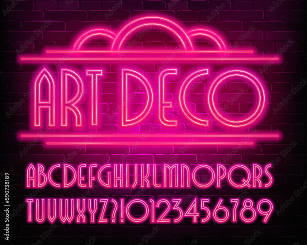 Fototapete art deco alphabet font. pink neon letters and numbers. stock vector typescript for your design.