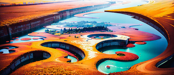 An autumn valley surrounded by mountains, with several buildings at the center, some trees, and orange leaves. Generative AI.