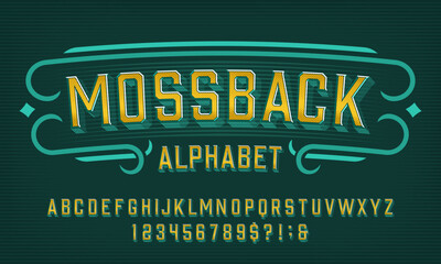 Mossback alphabet font. Vintage letters and numbers. Vector typeface for your typography design.