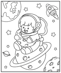 Astronaut in space. Black and white vector illustration for coloring book