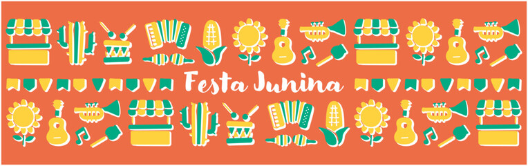 Festa Junina decorative illustrations for postcards, banners and posters.Horizontal wide banner.