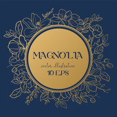 Wedding or party invitation template with gold round frame with magnolia flowers.