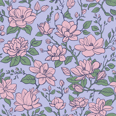 Seamless vector spring floral pattern. Magnolia branches with flowers and leaves