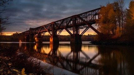 Stunning Autumn Dusk View of Steampunk Rail Bridge Reflected in Water, Created Using Generative AI