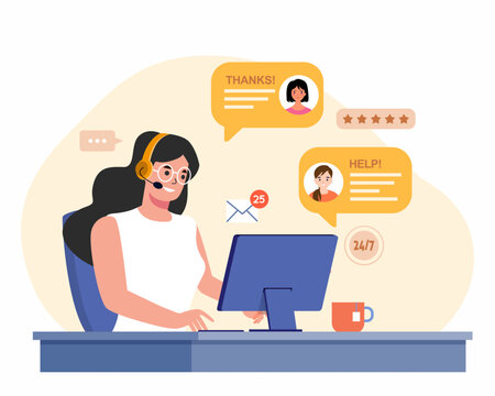 Young Woman With Headphones And Computer, Concept Of Online Customer Service, Support Or Call Center.