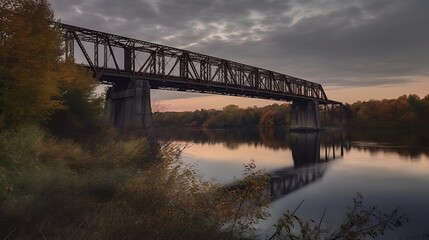 Fototapeta na wymiar Industrial Elegance Meets Autumn Serenity: Steampunk Rail Bridge at Dusk, Created Using Generative AI