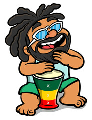 Cartoon illustration of dreadlocks men with bearded face wearing sunglasses and playing reggae music with djembe, traditional drums of Africa. Best for mascot, logo, and sticker with summer themes