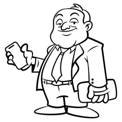 Cartoon illustration of Businessman wearing branded suit, carrying leather pouch bag and calling with his New model smartphones. Best for outline, logo, and coloring book with glamour lifestyles theme
