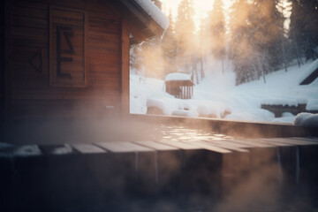 Early Morning Sauna in Snowy Mountain Hostel with Sunlit Windows and Sunrise