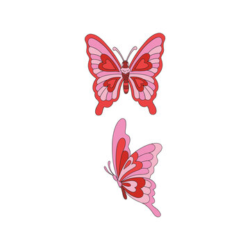 Groovy Hippie whimsical butterflies set. Red Pink aesthetic for Valentines Day design. Vector illustration isolated on white.