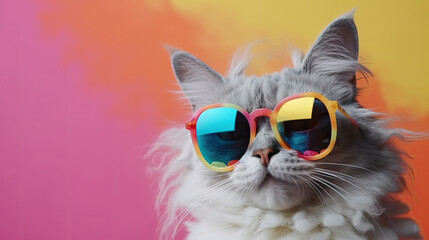 A fluffy grey cat with sunglasses on colorfull background, generative ai illustration with copy space