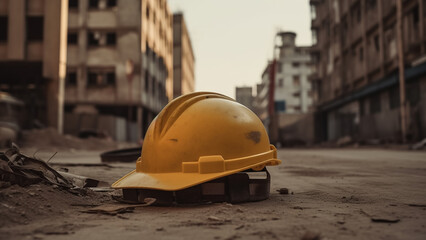 a closeup of yellow construction helmet- International labor day concept