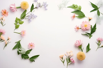 Flat lay image of flowers, twigs and leafs. perfect for backgrounds, weddings, decoration etc.