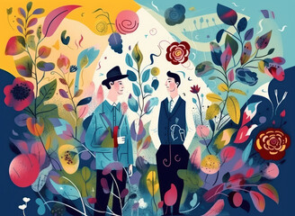 Obraz na płótnie Canvas Two businessmen in a blooming garden are a symbol of partnership, business development and cooperation