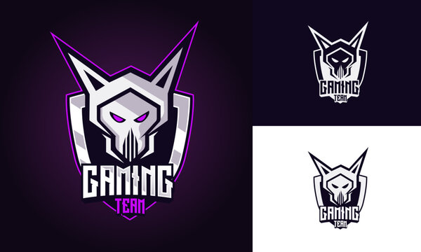 Robo skull mascot logo for gaming Purple sport emblem with skull Vector illustration isolated on background