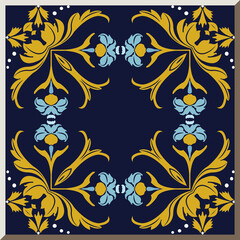 Ceramic tile pattern round curve cross dot line gold leaf blue flower