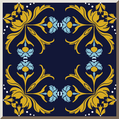 Ceramic tile pattern round curve cross dot line gold leaf blue flower