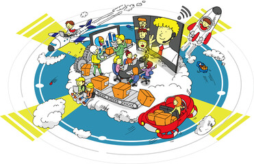 DXの推進により働きやすく暮らしやすいまちを推進するイメージイラスト（白背景・ライン有）