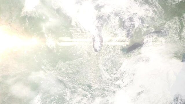Earth zoom in from outer space to city. Zooming on Orland Park, Illinois, USA. The animation continues by zoom out through clouds and atmosphere into space. Images from NASA