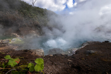 View lake with thermal water. Iturup, Kuril Islands. Russia