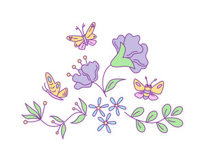 Floral design with butterflies. Vector isolated color illustration in doodle style.