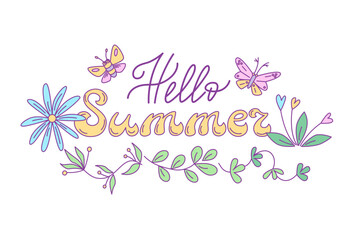 Hello Summer lettering decorated by floral design with butterflies. Vector isolated color illustration in doodle style.