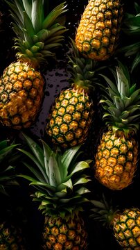 Photorealistic pineapples on a black table with water drops top view. Created using generative Ai