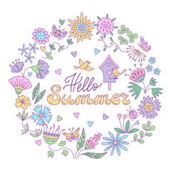 Summer greeting card with  floral design and birds in the round frame. Vector isolated color illustration in doodle style.