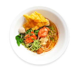 Tom Yum Noodles, Mee Yok (Green Noodles), Red Pork Wontons, Thai style noodles, top view, isolated 
