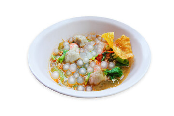 Tom Yum Noodles with Sago Seeds, Noodle Thai Style, isolate, white background 