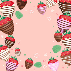 Vector strawberry background with chocolate covered strawberries on a pink background. Suitable for postcards, prints, greeting design, banners.