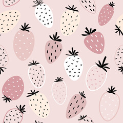 Seamless vector pattern with cute colorful strawberries on pink background in flat style. Ideal for print, wrapping paper, wallpaper, fabric, design.