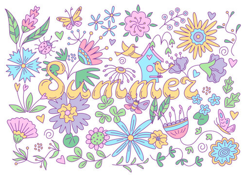 Summer floral card with butterflies and birds. Vector isolated color illustration in doodle style.