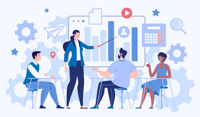 Business trainings or courses. Concept of meeting, teamwork, professional development. Analysis of charts and reports at seminars or conferences. Flat character illustration.
