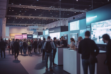 Busy trade fair with a sea of booths and blurry business people - obrazy, fototapety, plakaty